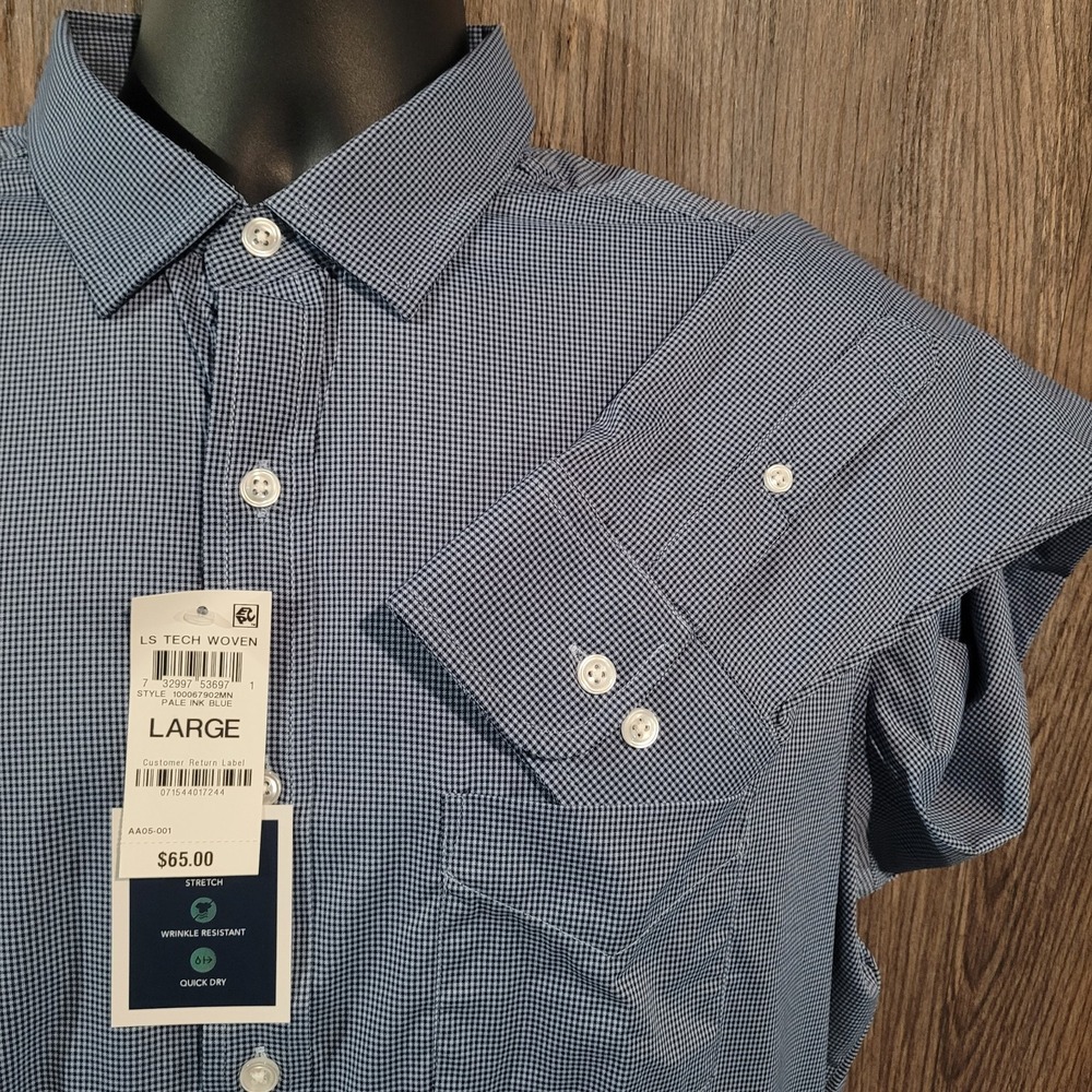 Club Room Performance Button Up Shirt Size L Pale Ink Blue Check LS Tech Woven